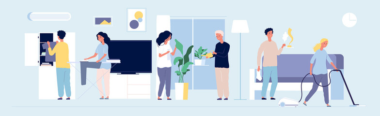 Household people. Happy family mother father son cleaning their rooms making housework clean floor watering vector background. Illustration housekeeping, father and mom, boy and girl washing