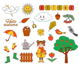 Set of cute autumn stickers. Girl,  umbrella,  hedgehog,  fly agaric, umbrella, hare, pumpkin, cloud, leaves. Vector cartoon illustration can use for kids decor, print, card, sticker kit
