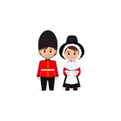 Cute girl and boy in national dress. Uk. Vector cartoon illustration can use for kids decor, print, card, sticker kit, interior design.