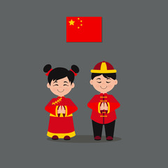 Cute girl and boy in national dress with flag. China. Vector cartoon illustration can use for kids decor, print, card, sticker kit, interior design.
