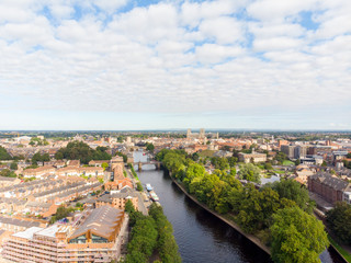 Fototapeta premium Aerial photo of the town of York located in North East England and founded by the ancient Romans, the photo shows the main town centre along the river.