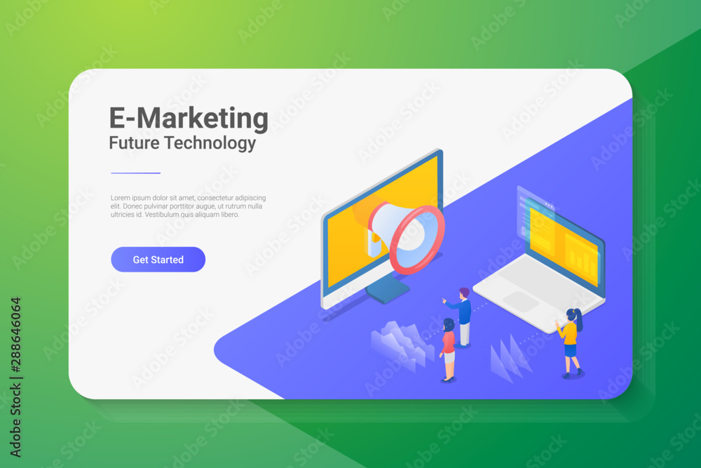 Poster e-marketing internet web technology isometric flat vector illustration. computer and laptop notebook