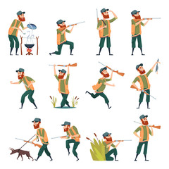 Fototapeta na wymiar Hunters. Sniper outdoor human with weapons duck hunting in action poses vector characters. Huntsman character with equipment, recreation shooting, hobby illustration