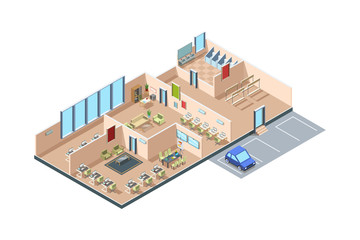Coworking. Zone startup loft modern open space business office creative rooms with furniture vector isometric interior. Office space with interior workplace, workspace coworking illustration
