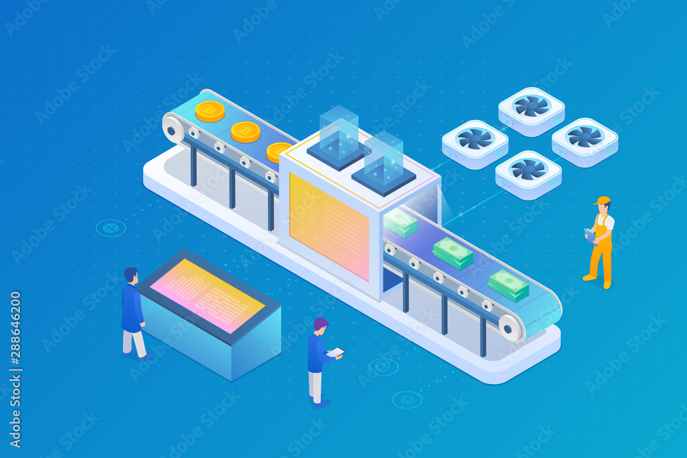 Aufkleber bitcoin cryptocurrency mining farm pool abstract device isometric flat vector illustration. convert 