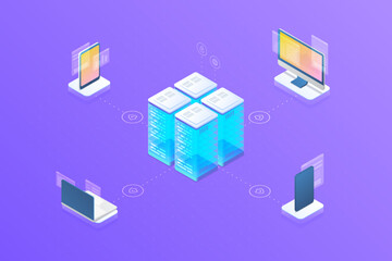 Security Data information protection sync synchronization devices with server. Isometric flat vector objects:  desktop computer monitor, smartphone mobile phone, laptop notebook, tablet PC