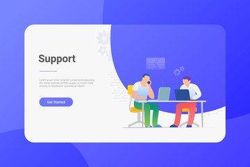 Online Support Flat vector illustration. Men sitting at Table working chatting with Laptop Notebook.