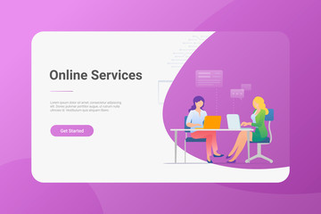 Online Support Flat vector illustration. Women sitting at Table working chatting with Laptop Notebook.