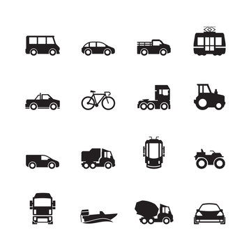 Transport Pictogram. Car Ship Subway Train Yacht Road Symbols Truck Side View Transport Silhouette Icon Collection. Illustration Road Vehicle, Transportation Auto, Bus And Train