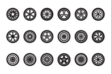 Car wheel collection. Automobile tire silhouettes racing vehicle wheels vector pictures. Illustration tire automobile, car wheel set