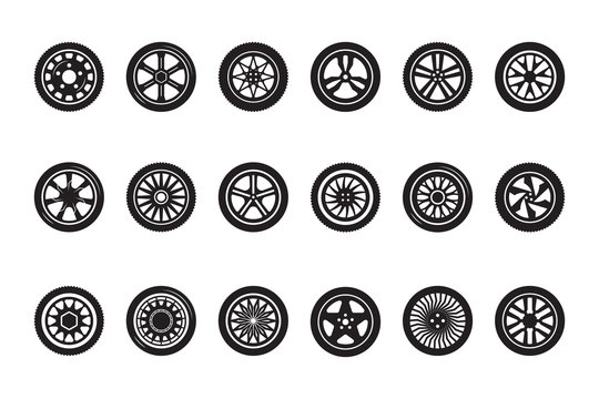 Car wheel collection. Automobile tire silhouettes racing vehicle wheels vector pictures. Illustration tire automobile, car wheel set