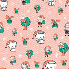 Cute Christmas pattern with Santa Claus, snowman, bird and Christmas bells on textured background. Fun vector Christmas background for kids