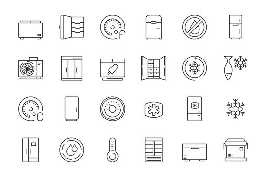 Freez icon. Refrigerator freezer in interior for food compact and commercial portable fridges vector line symbols. Refrigerator equipment, fridge and freezer, freeze cooler, ice box icons illustration