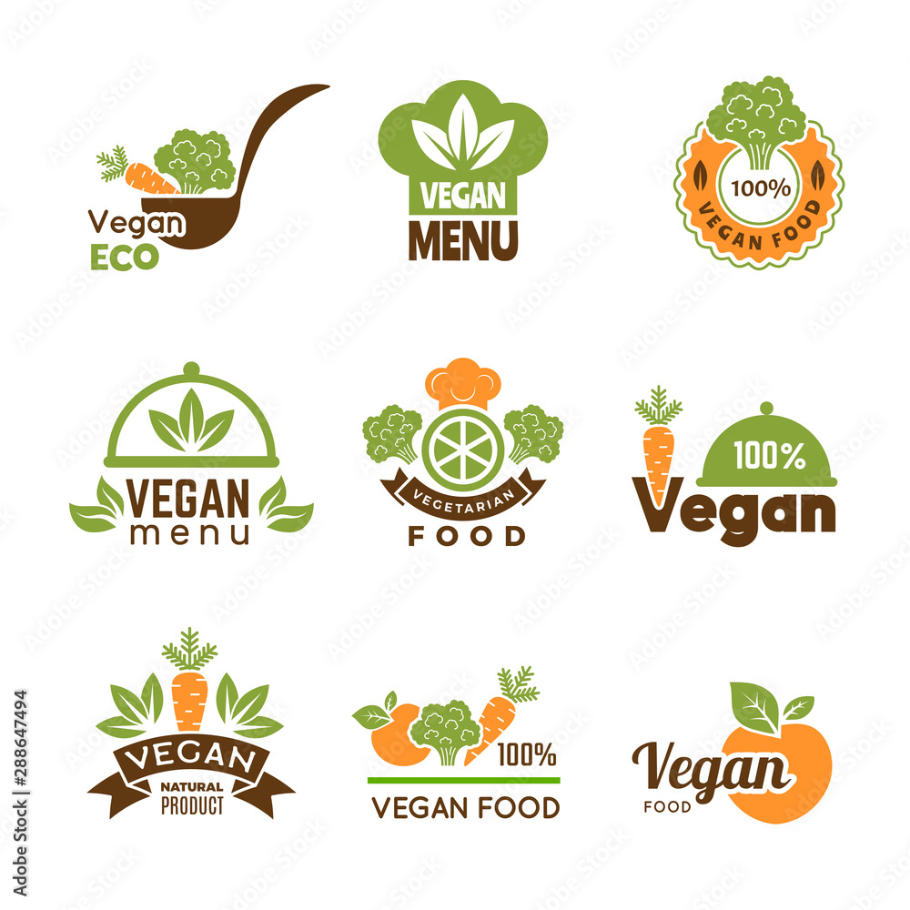 Sticker Vegan logo. Healthy food vegetarian ecology emblem natural lifestyle symbols vector collection. Illustration vegetarian food logo and emblem