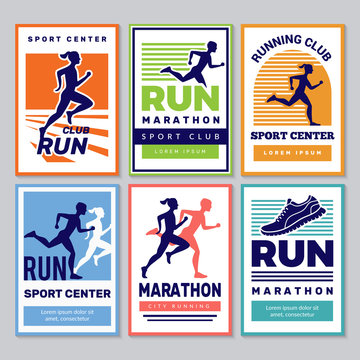 Running Club Poster. Marathon Winners Sportsmen Athletes Fitness For Healthy People Vector Placard Collection. Illustration Run Achievement, Competition Banner