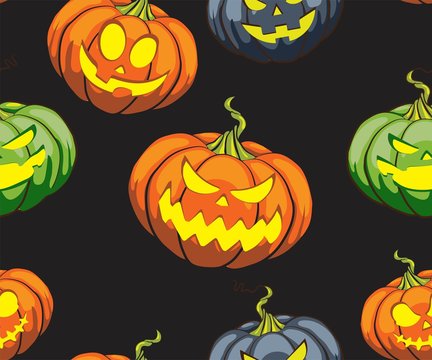 patterns without seams chelminska pumpkin with funny scary faces in different shapes and colors