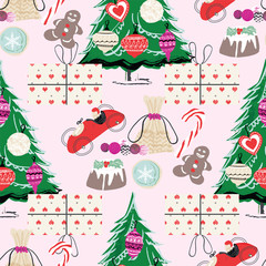 Christmas pattern with vintage toys, Christmas trees, presents and Christmas food. Retro style vector illustration