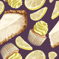 Vector of seamless pattern cheesecake, scattered lemon pieces, crumbly gentle wet biscuit cupcakes, stunning cream soft air cheese cream, beige color, taste lemon. Light paper cake wet from the cakes