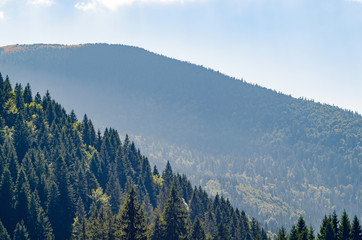 Carpathian landscape with forest slopes, mountain ranges and peaks. Holidays in the mountains