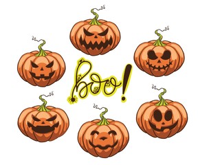 Halloween pumpkin with funny scary faces different shapes and colors