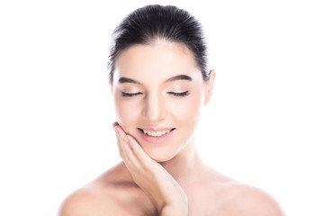 Obraz na płótnie Canvas Beauty woman face isolate in white background. Young caucasian girl, perfect skin, cosmetic, spa, beauty treatment concept. One hand touch face, close eye, big smile.