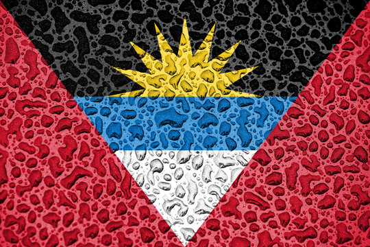 Antigua and Barbuda national flag made of water drops. Background forecast season concept.