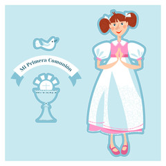 Little girl praying at the First Communion. Greeting card Mi Primera Comunión (My First Communion).