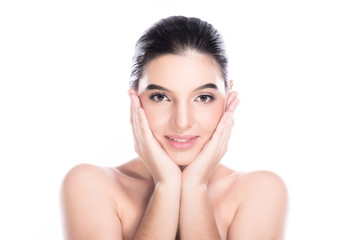 Beauty woman face isolate in white background. Young caucasian girl, perfect skin, cosmetic, spa, beauty treatment concept. Both hands on face, smile.