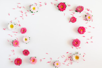 Frame made of pink and white flowers on white background. Valentines Day, Easter, Birthday, Mother's day. Flat lay, top view, copy space