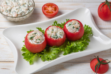 Tomatoes stuffed with shrimp. Belgian national snack