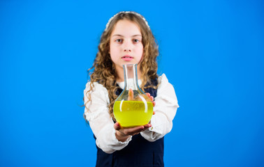 education and knowledge. Future. back to school. child study bilogy lesson. small girl scientist with testing flask. science research in lab. Small school girl. Studying hard for good grades
