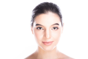 Obraz premium Beauty woman face isolate in white background. Young caucasian girl, perfect skin, cosmetic, spa, beauty treatment concept. Portrait, smile.