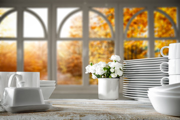 White wooden board of free space for your decoration and autumn time window 