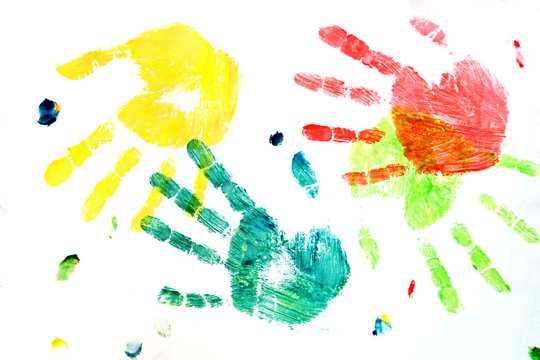 colorful hand prints isolated on white background. Yellow, green and red color