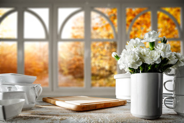 White wooden board of free space for your decoration and autumn time window 
