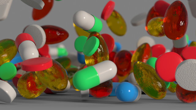 Medicine pills and capsules are falling on a surface 3D render