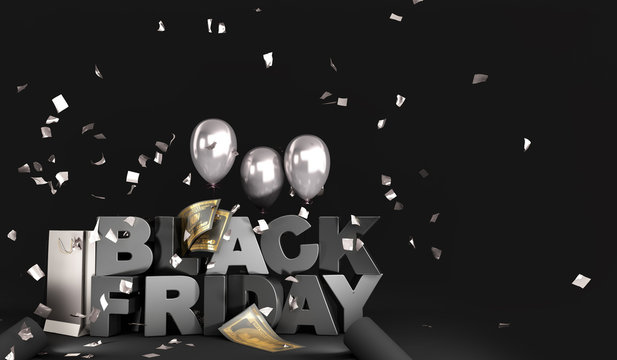 Black Friday concept background big letters with silver balls and confetti 3d render © nosorogua