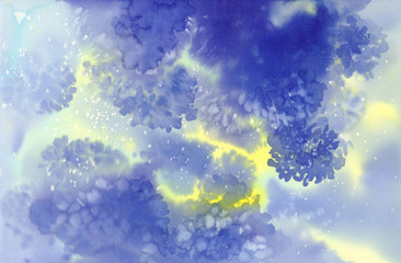 Blue cloudy abstract watercolor background with yellow light