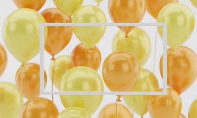 3d rendering white Frame template. Floating text with orange and yellow air balloons background. Template for poster, flyer, invite concept.