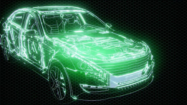 Holographic animation of 3D wireframe car model with engine and otter technical parts