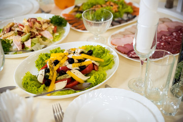 close up of food and water glasses at restaurant