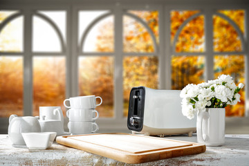 White wooden board of free space for your decoration and autumn time window 