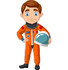 Cartoon boy astronaut holding helmet