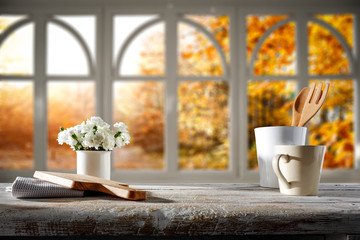 White wooden board of free space for your decoration and autumn time window 