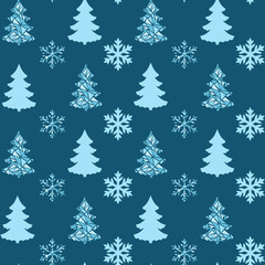 Obraz premium Vector Christmas pattern seamless of different christmas tree and snowflakes, Christmas and New year design, blue tree and snowflakes on blue background