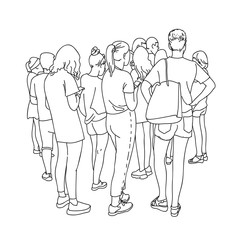 Fototapeta na wymiar Contour line drawing group of people waiting in queue. Crowd standing. Women and men in line at the cash register.