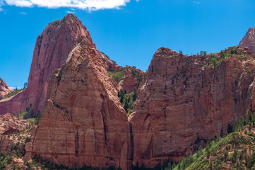 Fototapeta premium Split red canyon rock at the Kolobs Canyons part of the Zion National Park in Utah, USA. Selective focus.