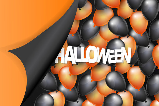 Halloween background design with black and orange balloons and pealing off curved egde wrapping paper. Vector illustration.