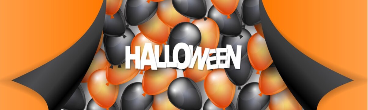 Halloween banner or header design with black and orange balloons and pealing off curved egdes wrapping paper. Vector illustration.