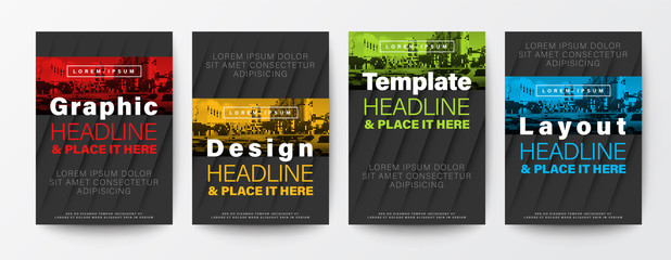 Set of Graphic Design template layout. Red, yellow, green, blue color stripe on black background for Brochure, Flyer, Poster, leaflet, Annual report, Book cover,  A4 size